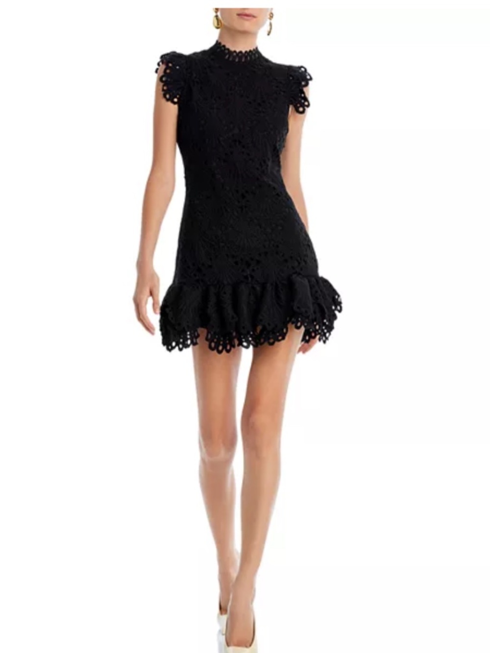 AQUA Mock Neck Lace Shift Mini Dress Black | Size M